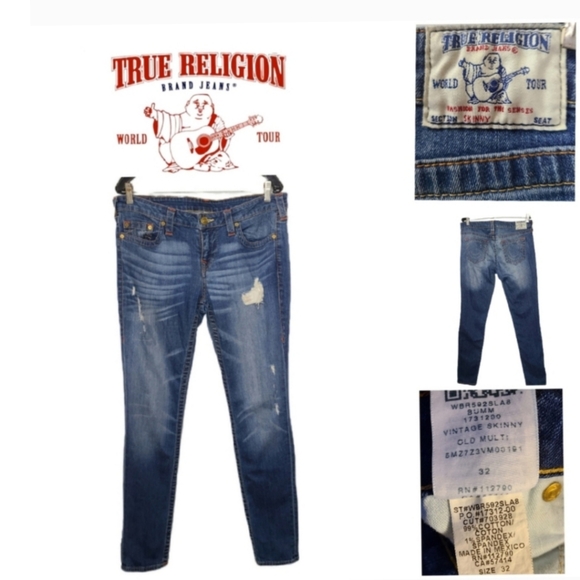 TRUE RELIGION VINTAGE SKINNY OLD MULTI  BUMM JEANS - Picture 2 of 5